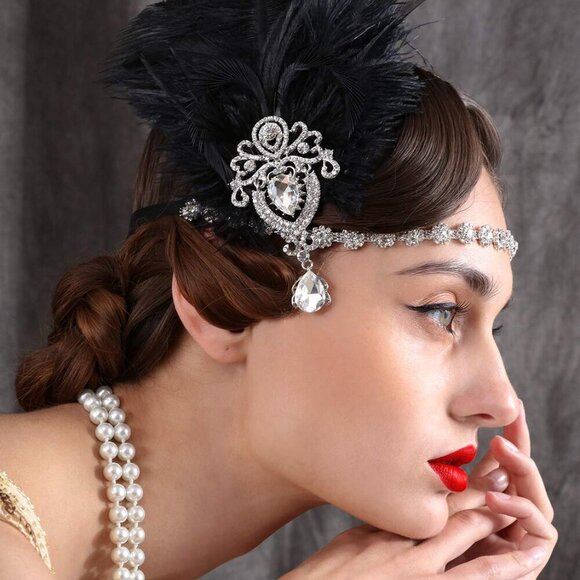 1920s Feather Headpiece Womens Black Ostrich Crystal Flapper Hair Accessories
